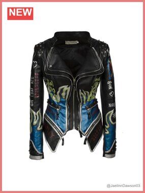 Faux Leather Hand Painted Graffiti Studded Motorcycle Jacket